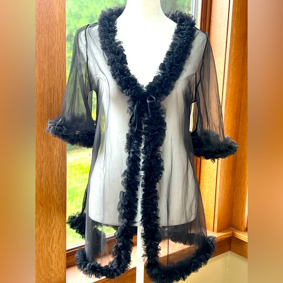 Vintage Carol Brent Babydoll Black See Through Negligee Tie Front Ruffles - Picture 1 of 6